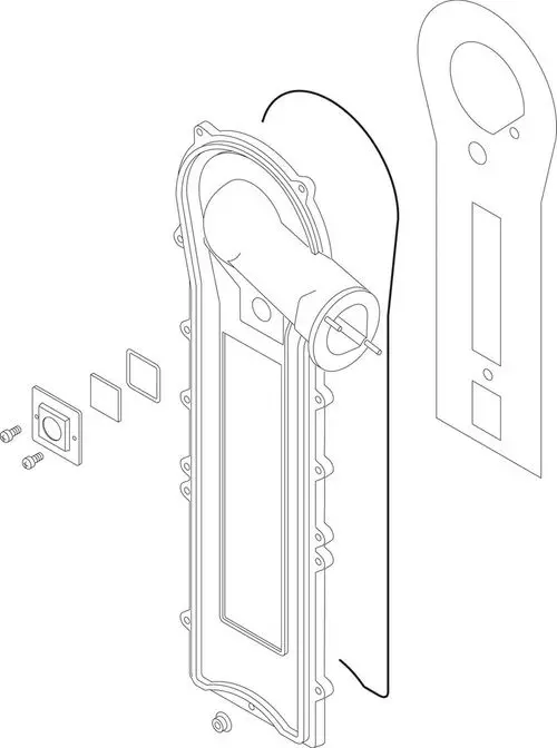 BOSCH Wärmetauscher, Vorderansicht, mit Anschlussrohstück und mehreren Dichtungen sowie Befestigungsschrauben, auf schematischer Darstellung.